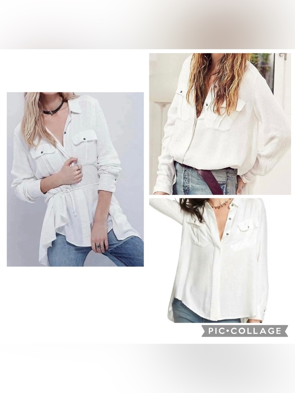 FREE PEOPLE Women’s Ivory ONE OF THE GUYS Waffle Knit Tunic Shirt Tie Waist Sz S